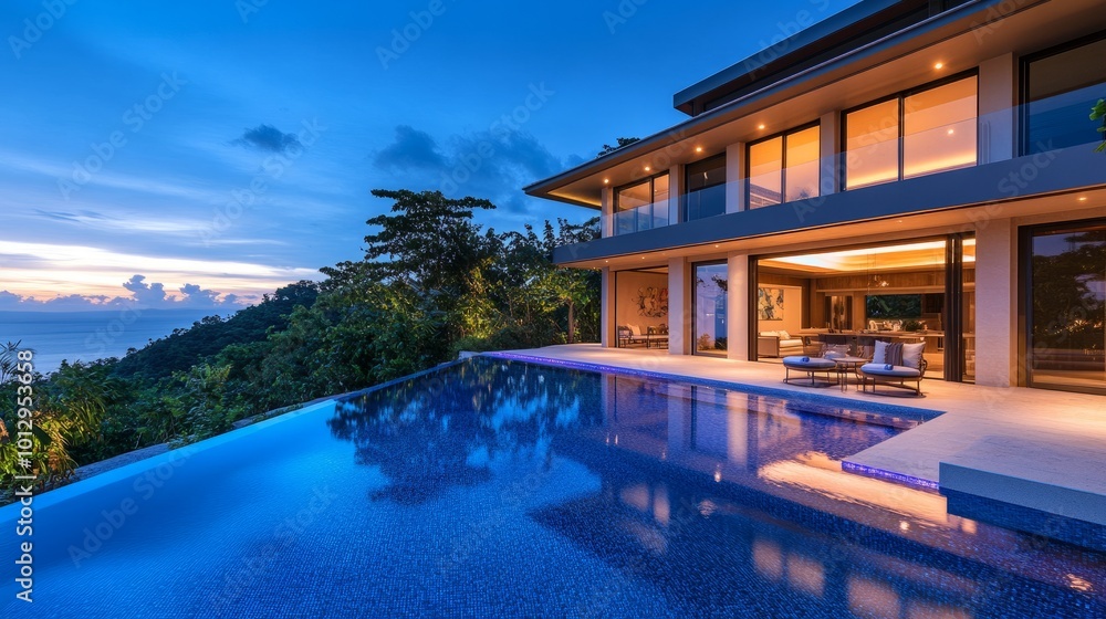 Luxury villa exterior at dusk with LED-lit swimming pool, ambient lights in different colors, large windows overlooking pool Luxury villa exterior at dusk with LED-lit swimming pool, ambient lights in different colors, large windows overlooking pool
