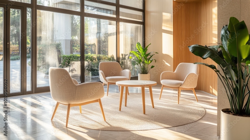 Modern room with neutral-colored chairs, high viewpoint showing clear windows, soft light creating an elegant atmosphere Modern room with neutral-colored chairs, high viewpoint showing clear windows, soft light creating an elegant atmosphere