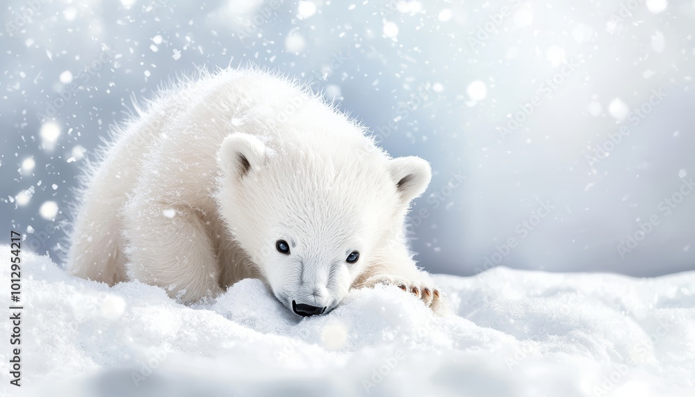 A cute polar bear cub playing in the snow, surrounded by a snowy winter landscape, with snowflakes drifting in the cold breeze. A cute polar bear cub playing in the snow, surrounded by a snowy winter landscape, with snowflakes drifting in the cold breeze.