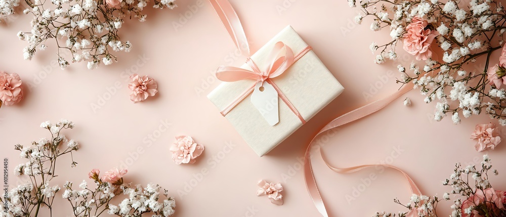 A beautifully wrapped gift adorned with a pink ribbon, surrounded by delicate flowers on a soft pink background. A beautifully wrapped gift adorned with a pink ribbon, surrounded by delicate flowers on a soft pink background.