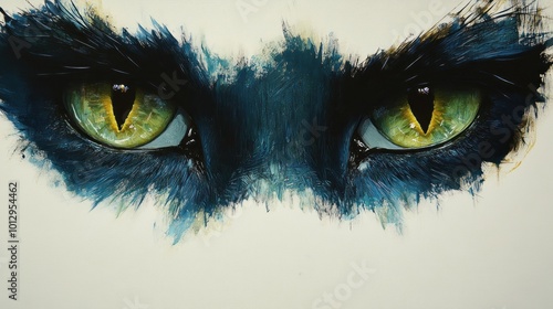 Close-up of striking, expressive eyes with vibrant colors.