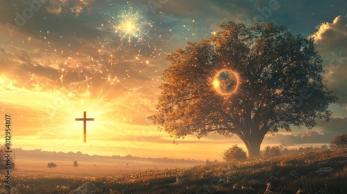 A majestic tree stands on a hill with a glowing cross in the sky, surrounded by spiritual light and ethereal orbs. The scene evokes feelings of peace, faith, and connection to the divine.. AI photo