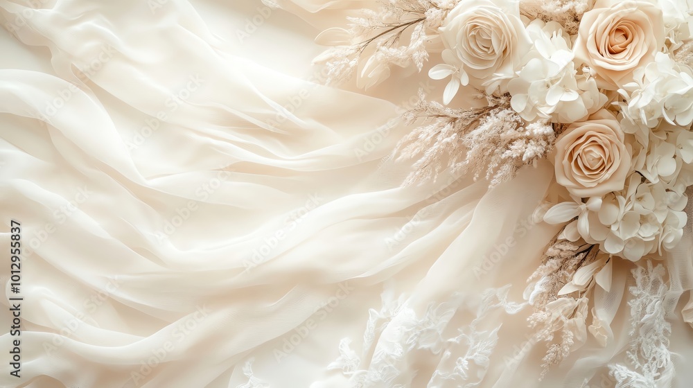 Fototapeta premium Elegant wedding fabric with pale roses and delicate textures, perfect for bridal theme or romantic decor.