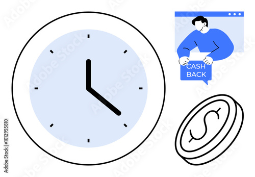 Clock, person receiving cashback message, and coin. Ideal for personal finance, time management, rewards programs, financial planning, and efficiency. Simple, clean, vector style