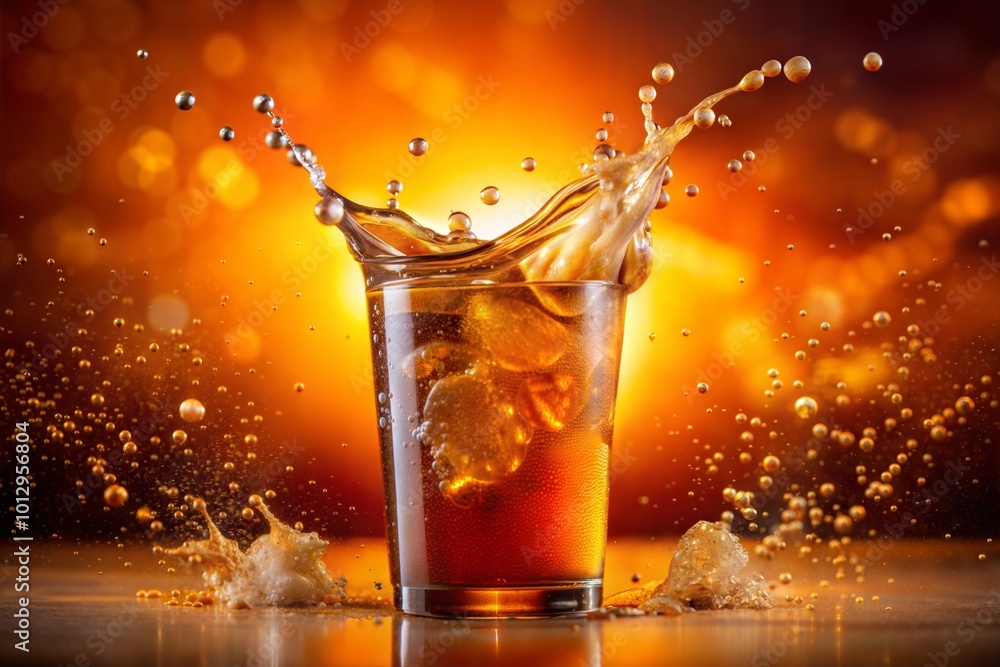 Refreshing ice cold beverage with splashing ice cubes on orange background Refreshing ice cold beverage with splashing ice cubes on orange background
