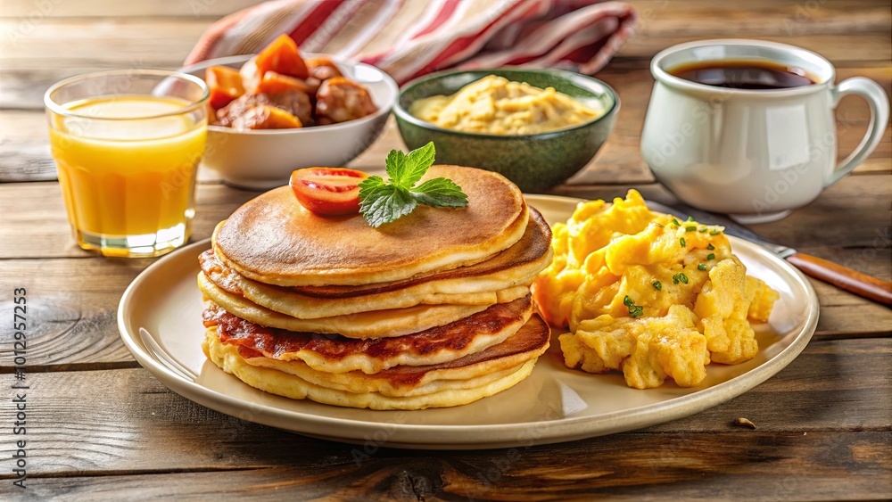 A Stack of Golden Brown Pancakes with a Side of Scrambled Eggs and a Garnish of Fresh Mint A Stack of Golden Brown Pancakes with a Side of Scrambled Eggs and a Garnish of Fresh Mint