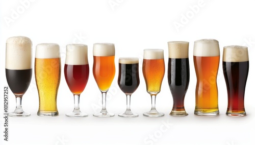 A variety of craft beers in different glasses, featuring golden lagers, red ales, and dark stouts, each with a thick, foamy head.