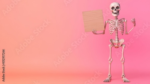 A whimsical skeleton standing tall with a blank wooden sign, against a bright pastel gradient of peach and pink for a fun and friendly look.