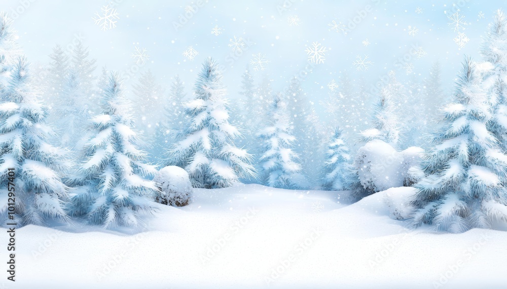 Fototapeta premium A wintry forest filled with snow-covered evergreens, as snowflakes fall in slow, peaceful patterns through the crisp air.