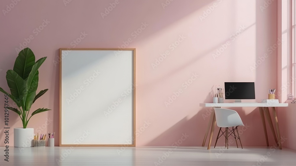 Modern workspace with pink walls, a desk, chair, and large plant. Modern workspace with pink walls, a desk, chair, and large plant.