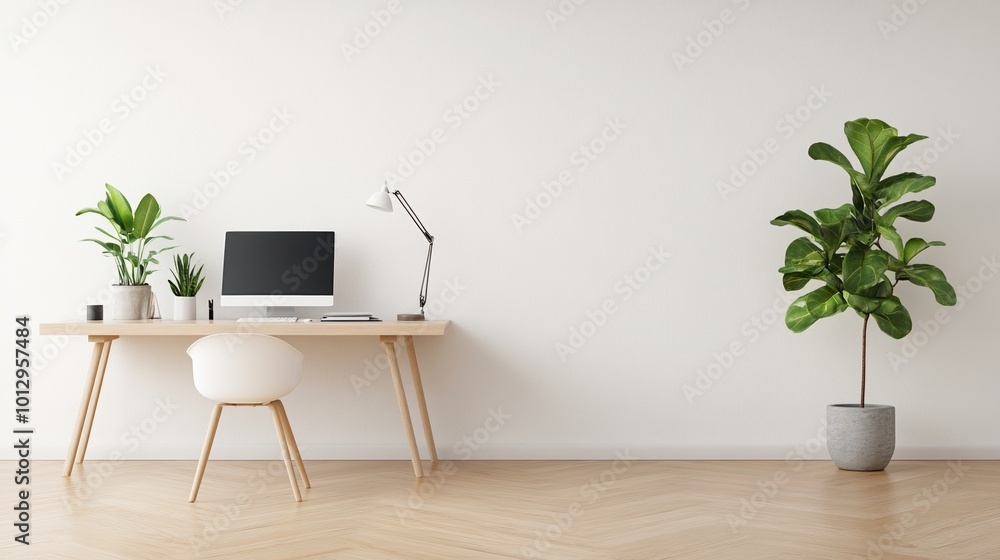 Fototapeta premium Modern workspace with plants, desk, and computer, minimalist design.