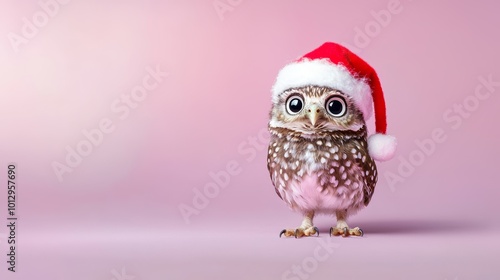 An adorable little owl with wide, curious eyes, wearing a red Santa hat, standing against a soft pink-to-purple gradient background. photo