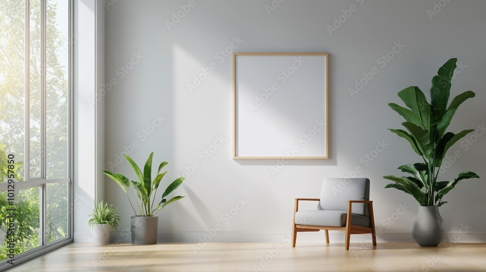 Stylish room interior with armchair, empty frame, and green plants on a bright day. Stylish room interior with armchair, empty frame, and green plants on a bright day.