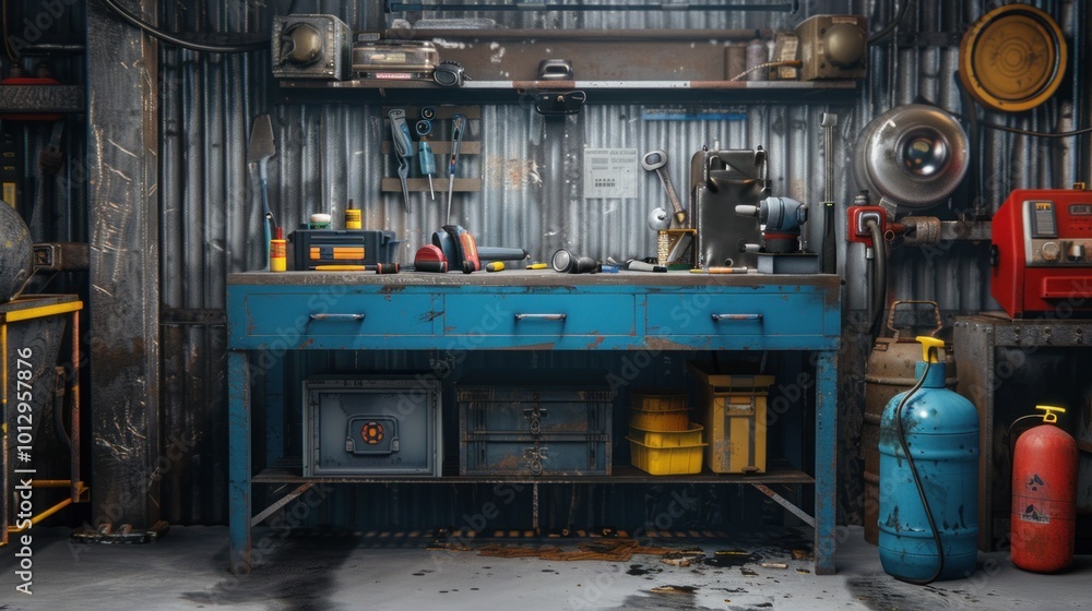 Rusty Metal Workbench in a Garage Rusty Metal Workbench in a Garage