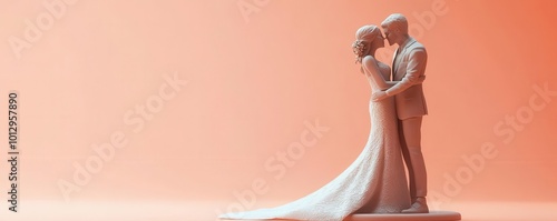 A romantic wedding cake topper featuring a bride and groom in a loving embrace, symbolizing eternal love and union.