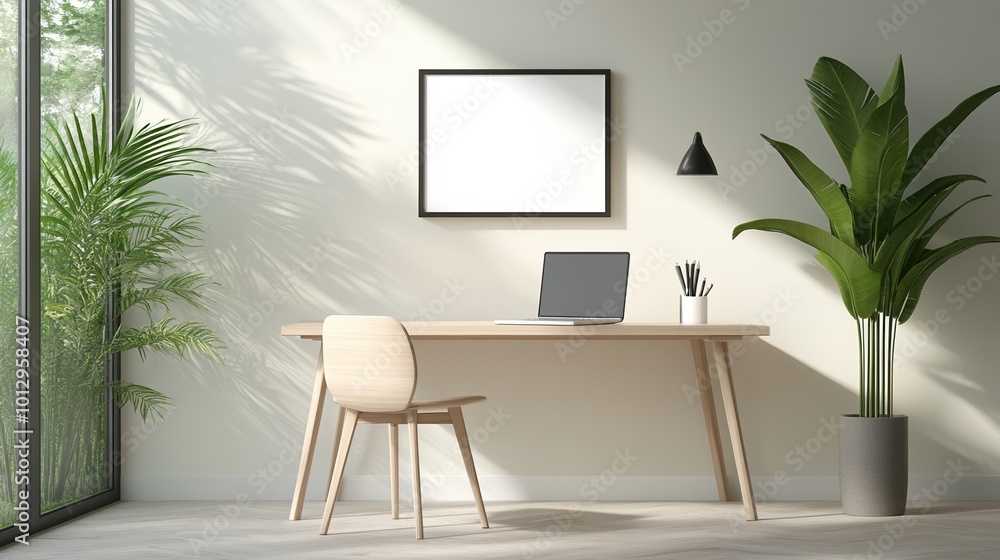 Modern workspace with desk, chair, and indoor plants in a bright environment. Modern workspace with desk, chair, and indoor plants in a bright environment.