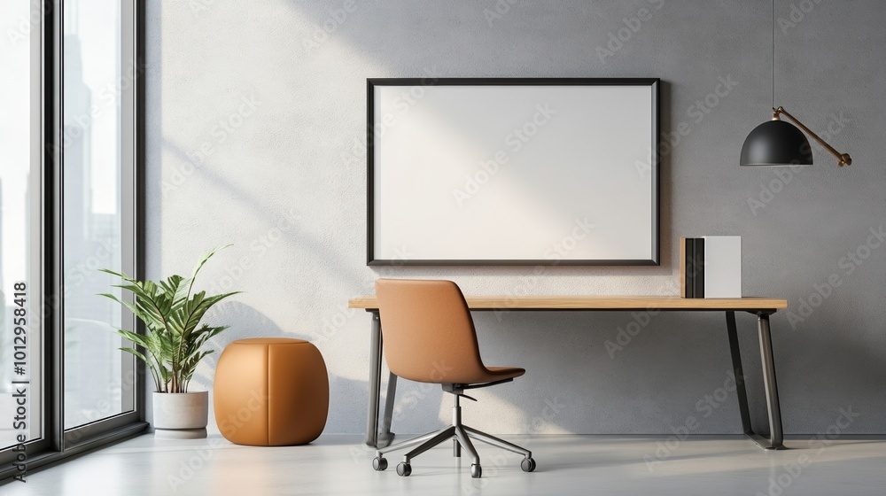 Fototapeta premium Modern workspace with desk, chair, window, and decorative plant against grey wall.