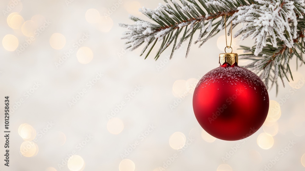 Close-up of a shiny red Christmas ornament hanging from a snow-covered pine branch, with warm bokeh lights twinkling in the background. Close-up of a shiny red Christmas ornament hanging from a snow-covered pine branch, with warm bokeh lights twinkling in the background.