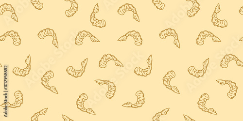 tempura fried shrimp seamless pattern. crispy shrimp tempura pattern background. Tempura Shrimp Pattern Background. fried shrimp pattern.