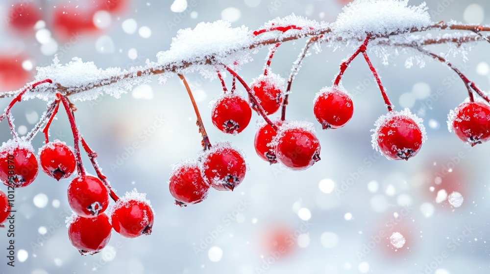 Crimson berries standing out against the pure white snow on frosty branches, while snowflakes gently fall around them. Crimson berries standing out against the pure white snow on frosty branches, while snowflakes gently fall around them.