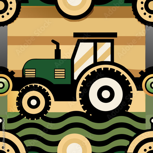 Tractors and fields as a seamless pattern. Vector background.