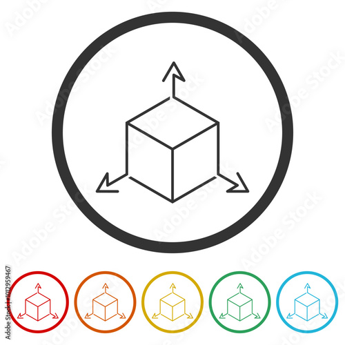 Cube with axes icon. Set icons in color circle buttons