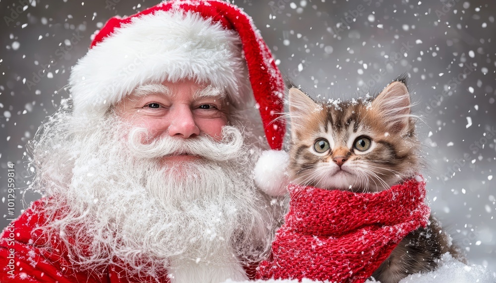 Santa Claus and a fluffy kitten in a red scarf, both standing in the snow with snowflakes softly drifting down in a winter wonderland. Santa Claus and a fluffy kitten in a red scarf, both standing in the snow with snowflakes softly drifting down in a winter wonderland.