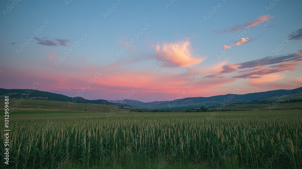 Fototapeta premium A beautiful landscape with a cornfield stretching out toward distant hills under a vibrant sunset sky.