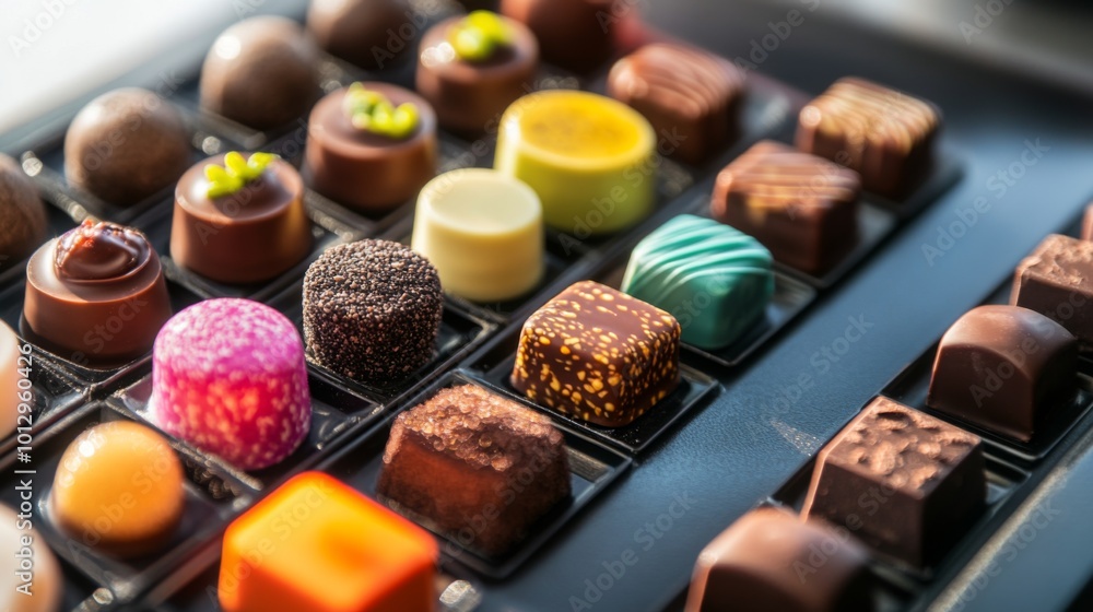 Assorted gourmet chocolate truffles arranged in a box. Assorted gourmet chocolate truffles arranged in a box.