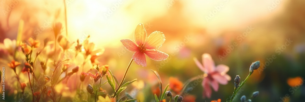 A breathtaking meadow filled with colorful flowers glows warmly under the golden light of the setting sun, creating a serene atmosphere. Generative AI A breathtaking meadow filled with colorful flowers glows warmly under the golden light of the setting sun, creating a serene atmosphere. Generative AI