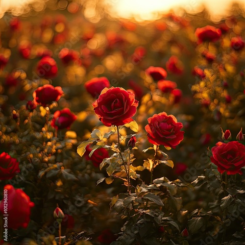A bed of roses in full bloom, with deep red petals softly glowing under the golden light of the setting sun