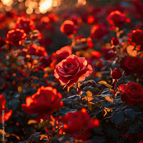 A bed of roses in full bloom, with deep red petals softly glowing under the golden light of the setting sun
