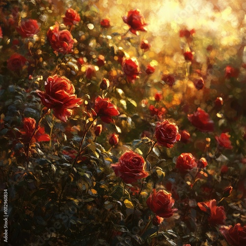 A bed of roses in full bloom, with deep red petals softly glowing under the golden light of the setting sun