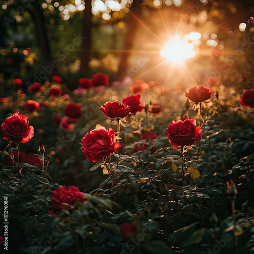A bed of roses in full bloom, with deep red petals softly glowing under the golden light of the setting sun