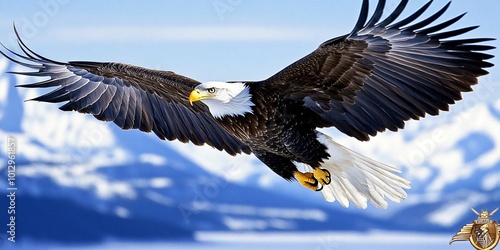 Bald eagle in flight with snowy mountains in the background.