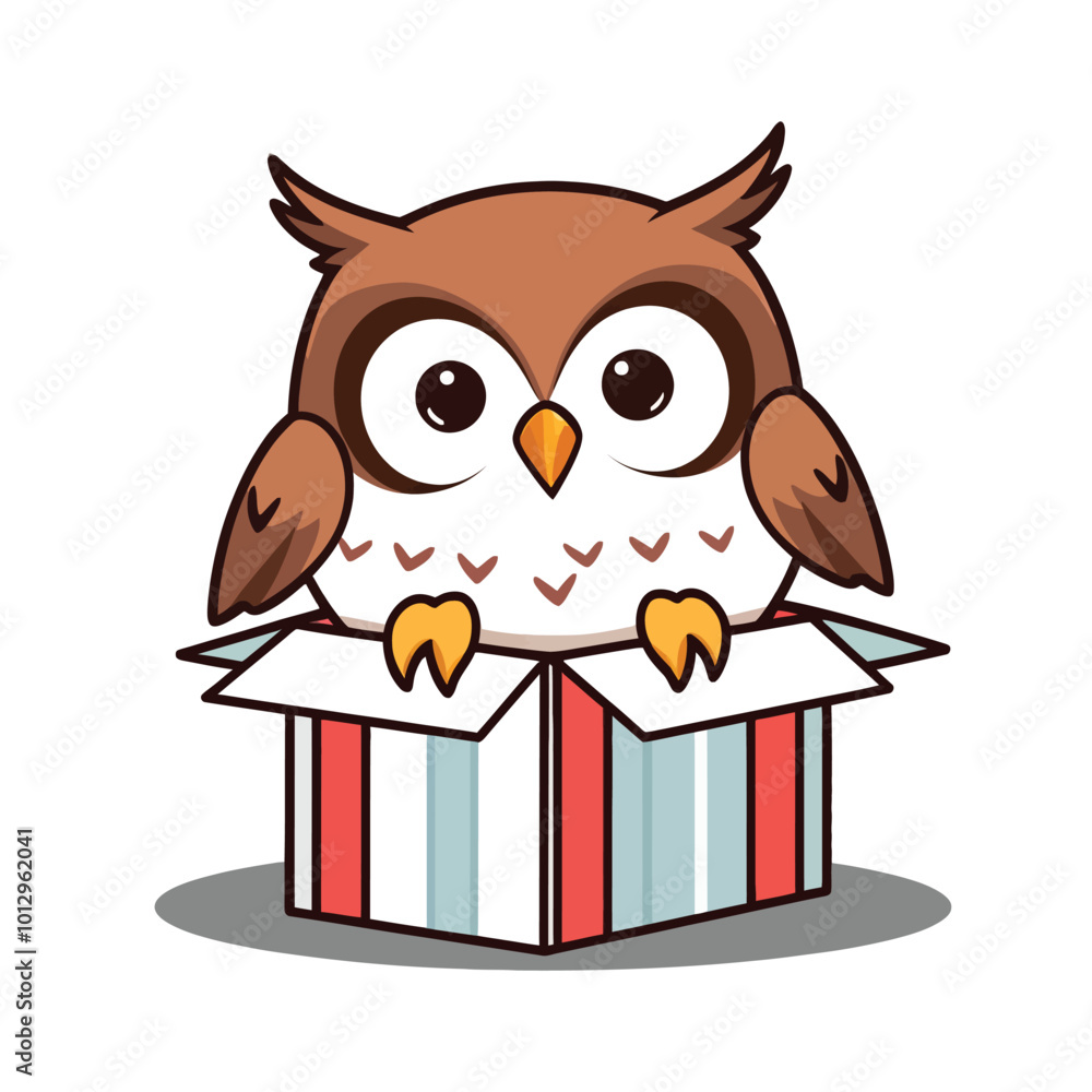 Obraz premium cute owl popping out of a wrapped present box isolated on white background