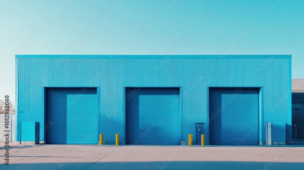 A blue warehouse with three oversized garage doors, set against a clear blue sky, showing its industrial structure A blue warehouse with three oversized garage doors, set against a clear blue sky, showing its industrial structure