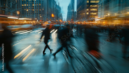 Photograph people walking or biking in a busy city, using a slow shutter speed to create motion blur while keeping the subject sharp