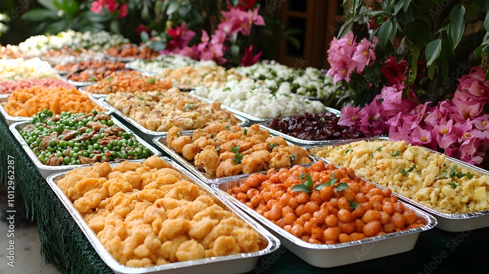 A wide shot of a family holiday meal, with trays of food being passed across a large table decorated with seasonal elements A wide shot of a family holiday meal, with trays of food being passed across a large table decorated with seasonal elements