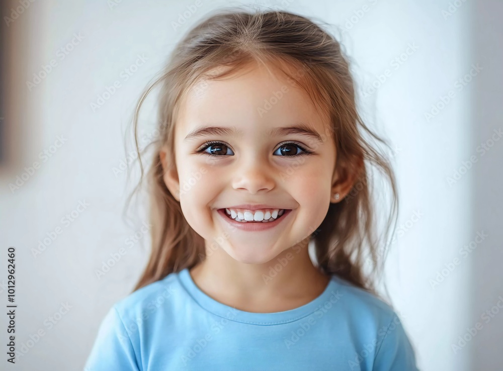 Happy little girl with beautiful teeth, showing her smile, wearing a blue t-shirt in the white dental clinic room. Happy little girl with beautiful teeth, showing her smile, wearing a blue t-shirt in the white dental clinic room.