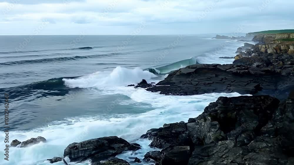 Rocky coastline with crashing waves and a distant horizon over the deep blue sea Rocky coastline with crashing waves and a distant horizon over the deep blue sea