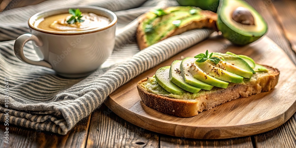 A Rustic Wooden Table Setting Featuring A Cup Of Creamy Soup And An Avocado Toast On A Wooden Cutting Board A Rustic Wooden Table Setting Featuring A Cup Of Creamy Soup And An Avocado Toast On A Wooden Cutting Board