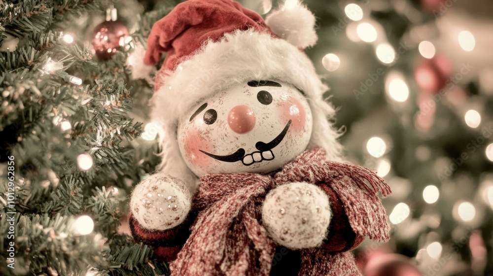 A close up of a snowman on a christmas tree A close up of a snowman on a christmas tree
