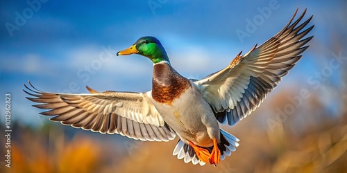 A Wild Duck in Flight, Wings Spread Wide Against a Sky of Azure and Clouds