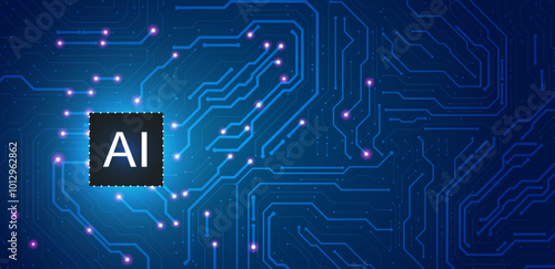 Artificial intelligence blue background technology. Logo machine learning concept with circuit board AI. Vector editable