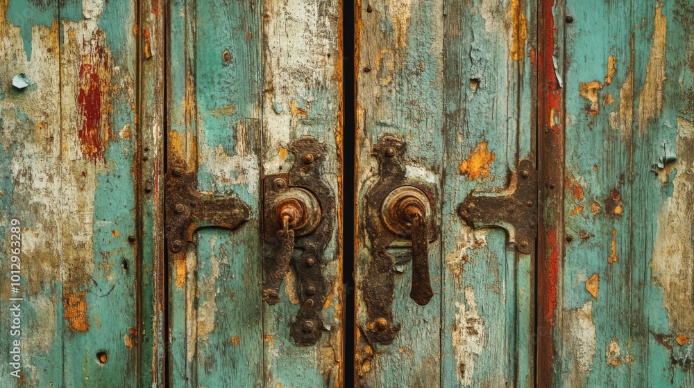 Close up of an old, weathered wooden door with peeling paint and rusty metal handles. Close up of an old, weathered wooden door with peeling paint and rusty metal handles.