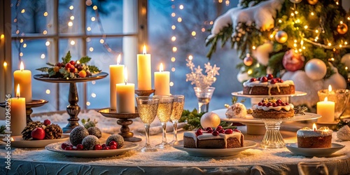 A Festive Table Setting with Sparkling Wine, Decadent Cakes, and Warm Candlelight Embracing a Cozy Winter Wonderland Atmosphere