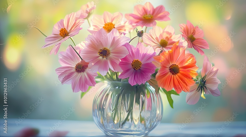 A bouquet of pink and orange flowers arranged in a simple glass vase, with soft light enhancing the natural beauty of the petals A bouquet of pink and orange flowers arranged in a simple glass vase, with soft light enhancing the natural beauty of the petals