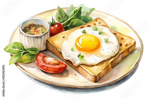 Watercolor hand drawn Tasty breakfast egg toast isolate on transparency background