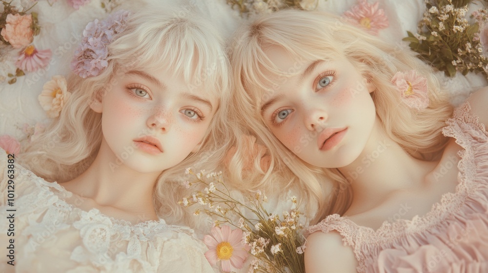 Two young girls laying on top of a bed of flowers Two young girls laying on top of a bed of flowers